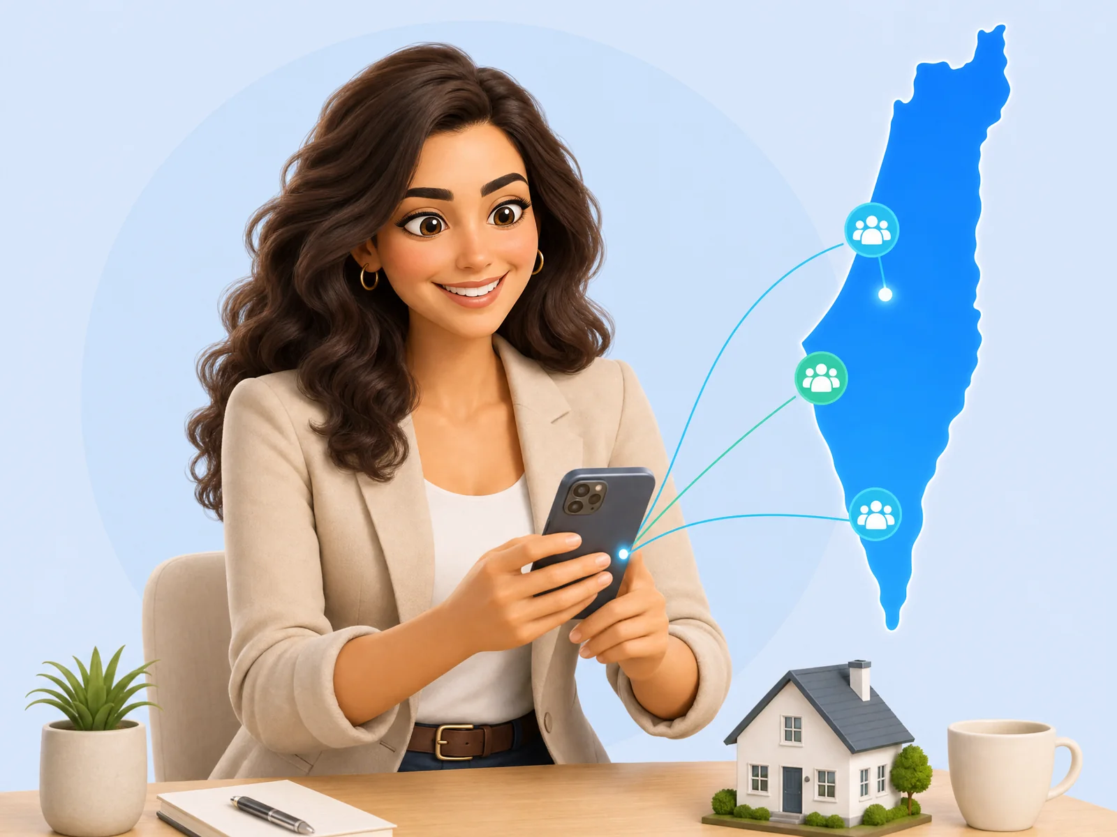 מתווכת מחייכת מביטה בטלפון שלה, עם קווי-חיבור צבעוניים הנמשכים ממנו למפת ישראל וסמלי קבוצות פייסבוק