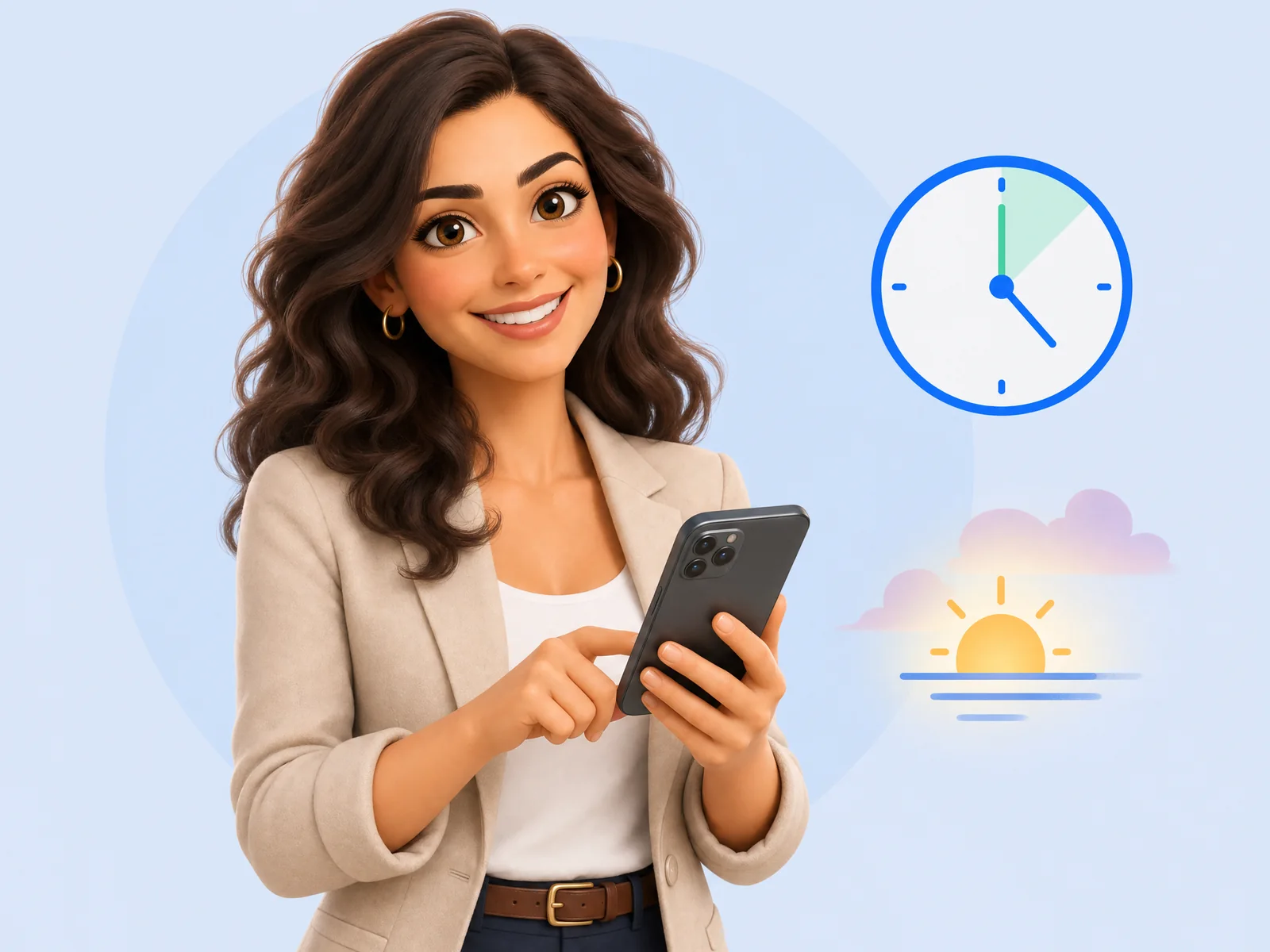 מתווכת מחייכת מצביעה על הטלפון שלה, לצד שעון וזריחה - השעה הנכונה לפרסם